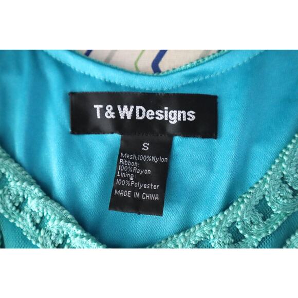 T&W Designs Blue and Green Embroidered Floral Mini Dress Short Cocktail Small - Picture 8 of 10